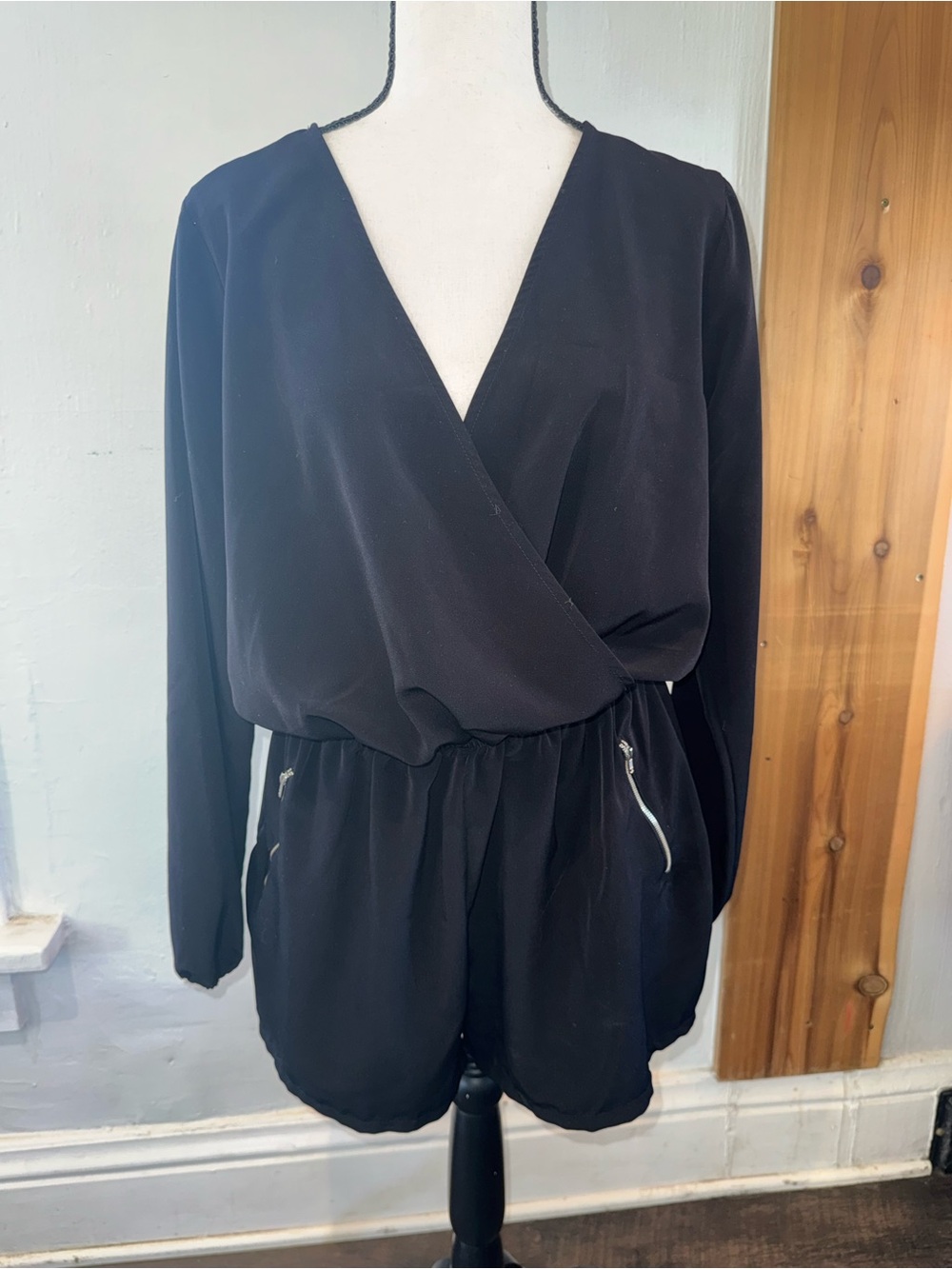 Long-Sleeve Wrap Romper with Zipper Pockets